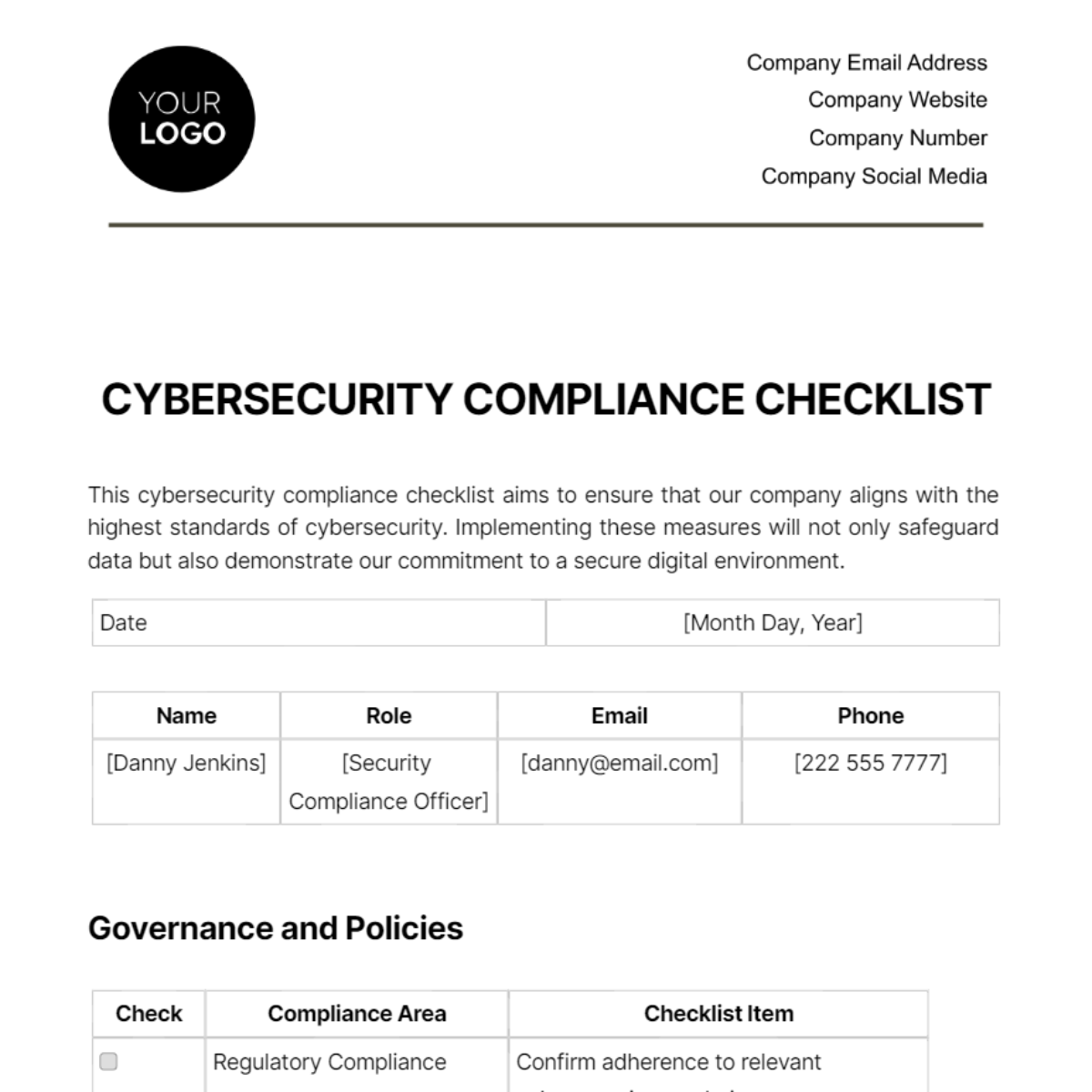 Cybersecurity Compliance Checklist Template