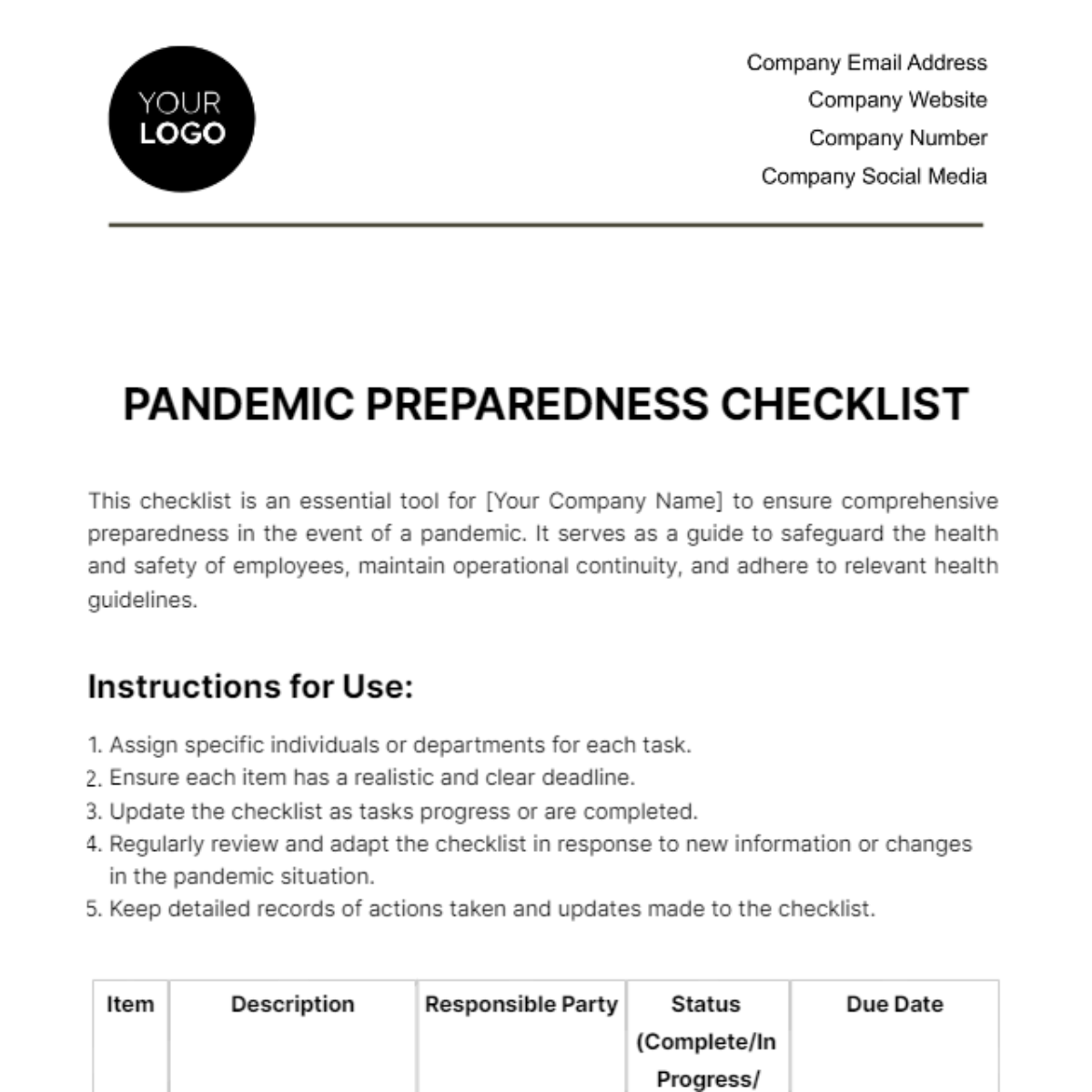Pandemic Preparedness Checklist Template