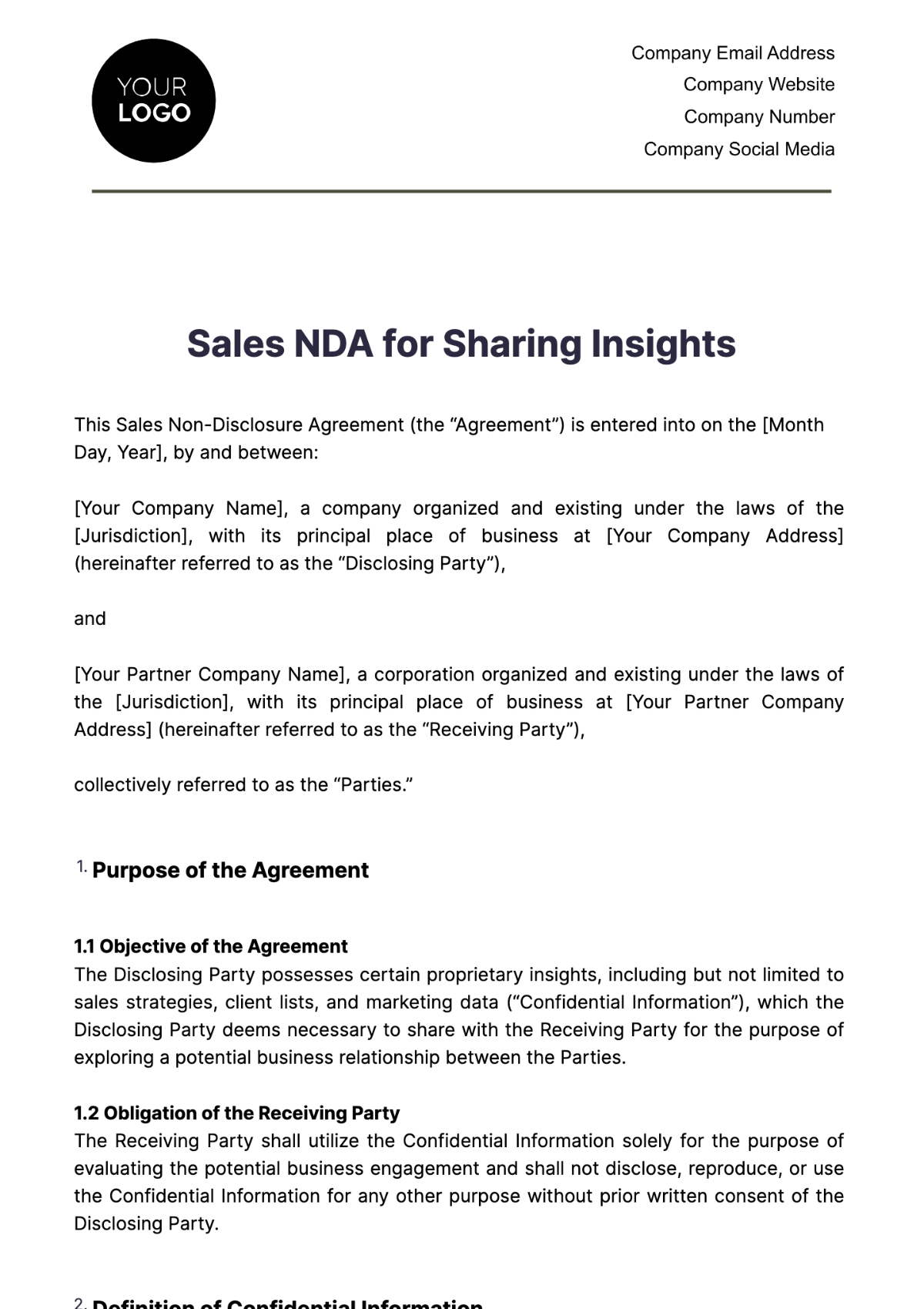 Sales NDA for Sharing Insights Template - Edit Online & Download