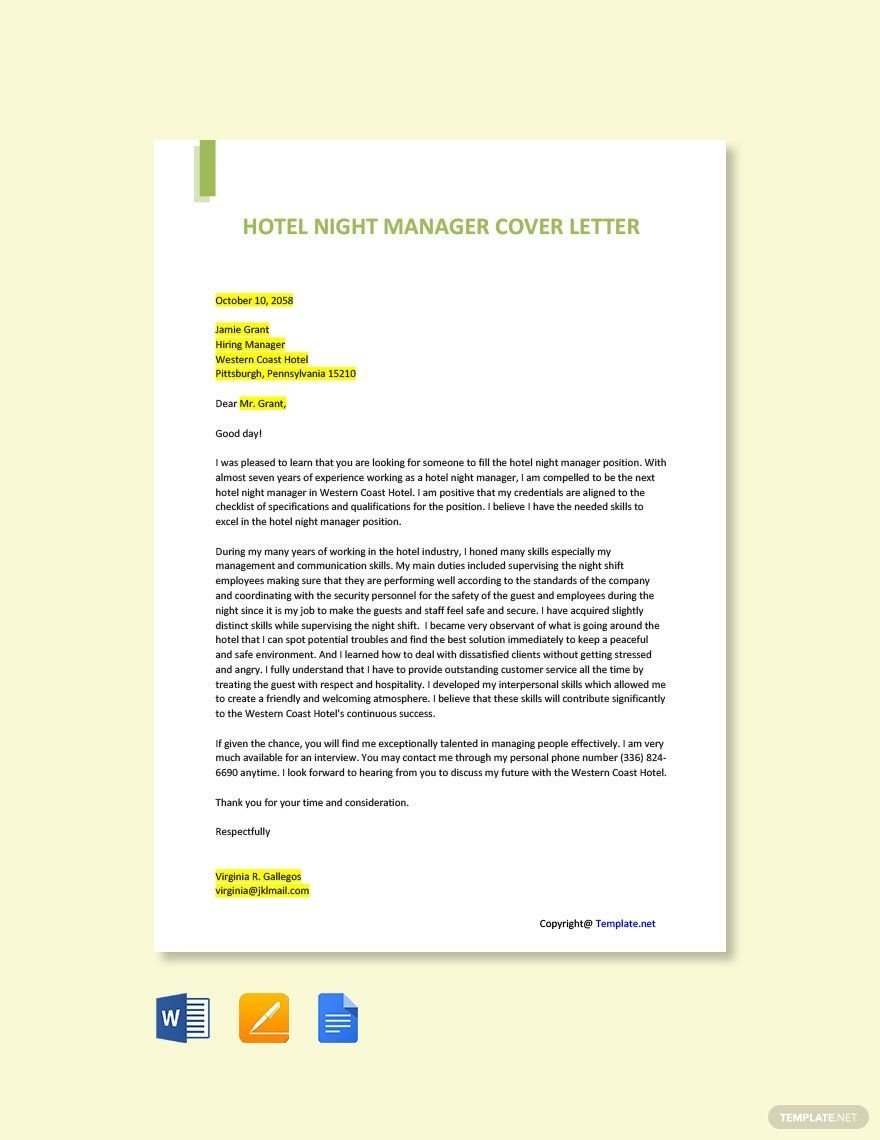 Hotel Night Manager Cover Letter