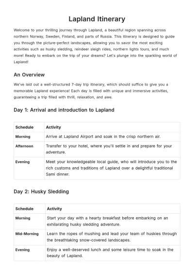 Free Lapland Itinerary Template to Edit Online