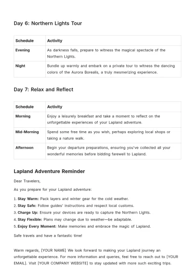 Free Lapland Itinerary Template to Edit Online