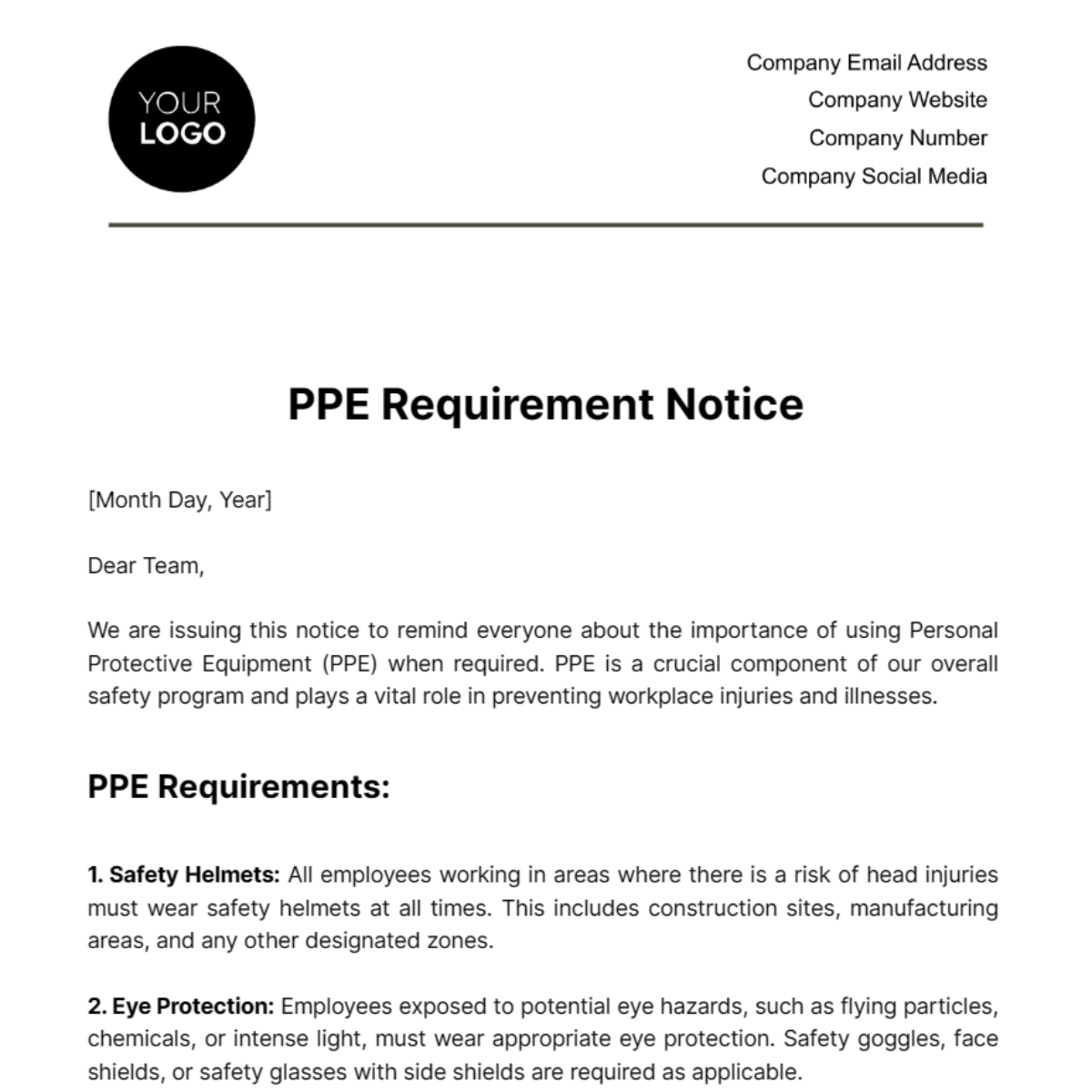 PPE Requirement Notice Template