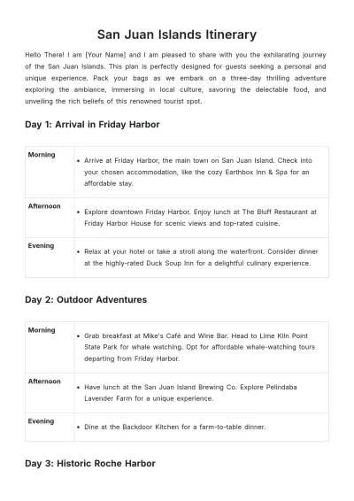 Free San Juan Islands Itinerary Template to Edit Online