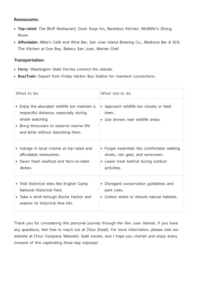 Free San Juan Islands Itinerary Template to Edit Online