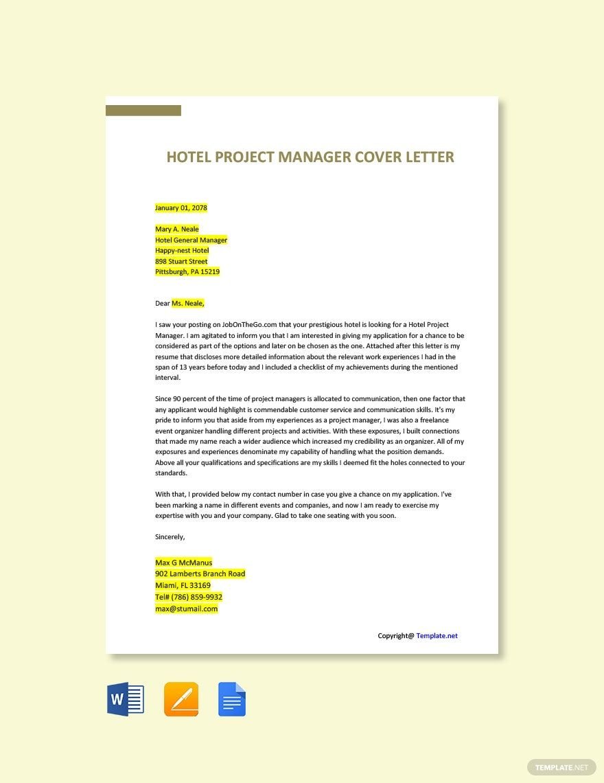 Hotel Project Manager Cover Letter