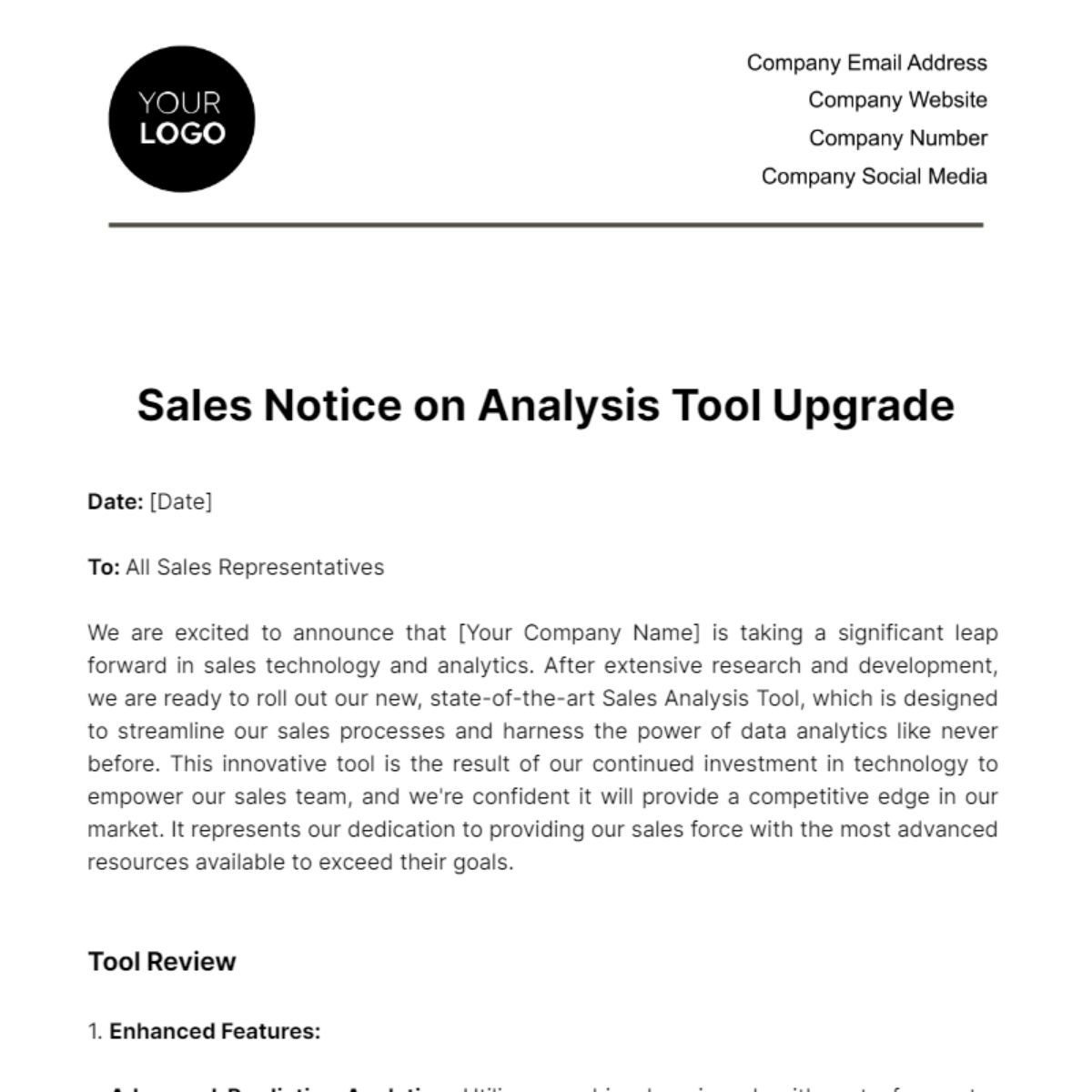 Free Sales Notice on Analysis Tool Upgrade Template