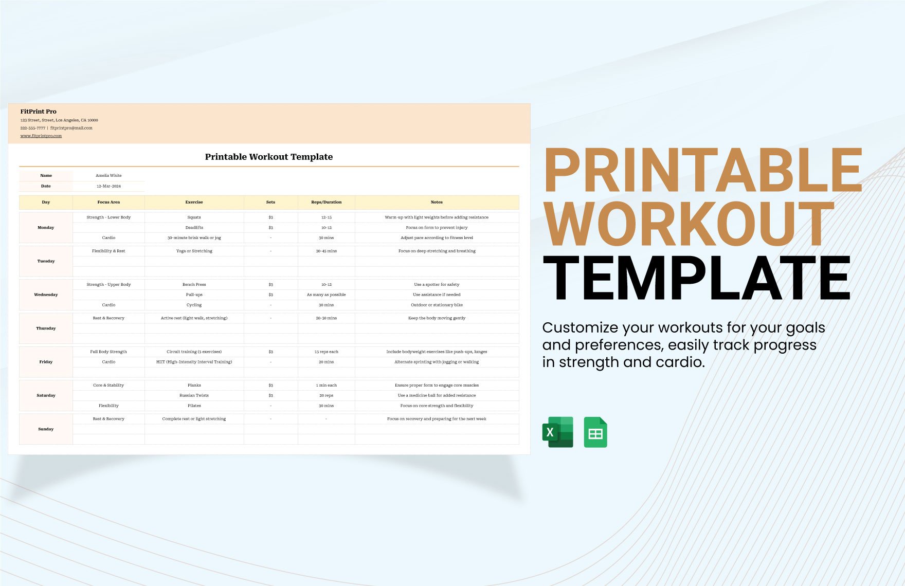 Printable Workout Template in Excel, Google Sheets