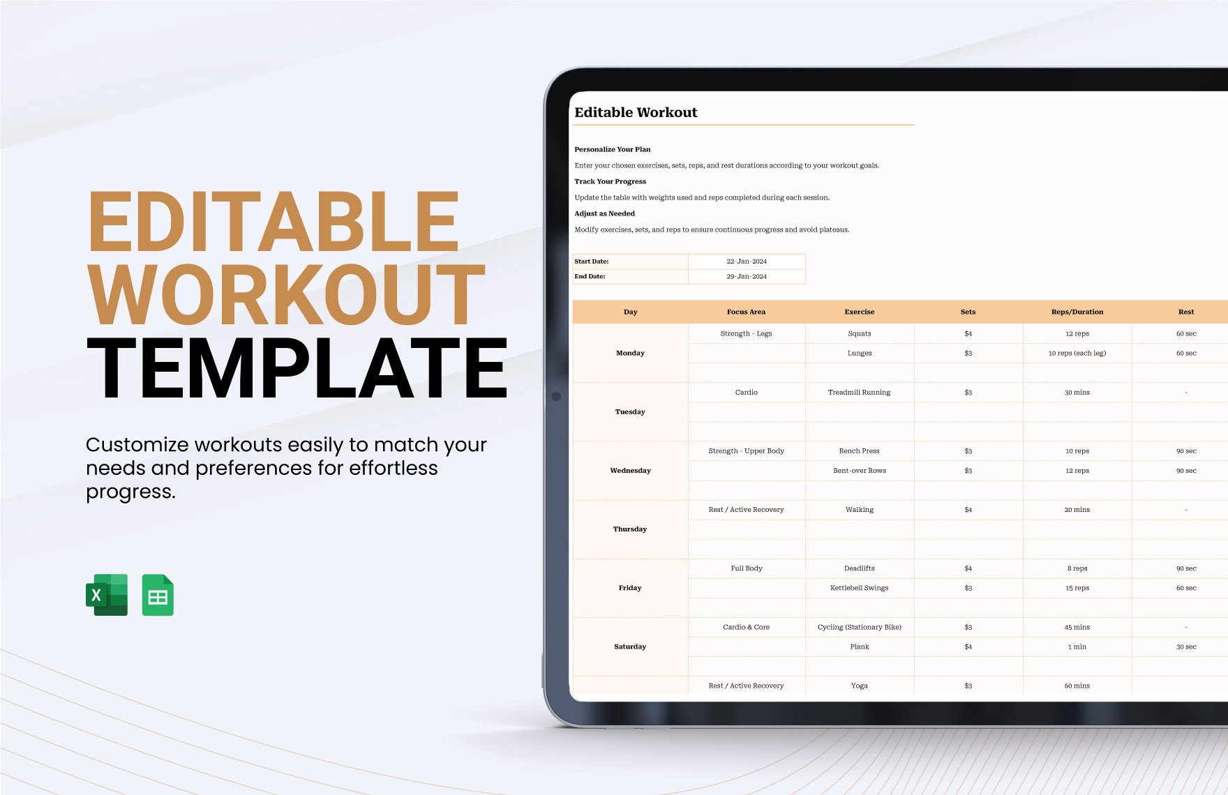 Editable Workout Template in Excel, Google Sheets