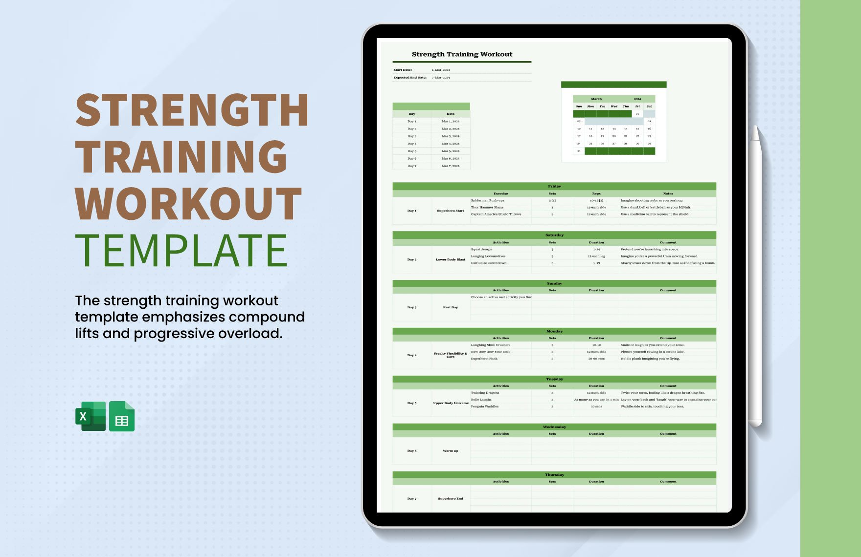 Strength Training Workout Template in Excel, Google Sheets