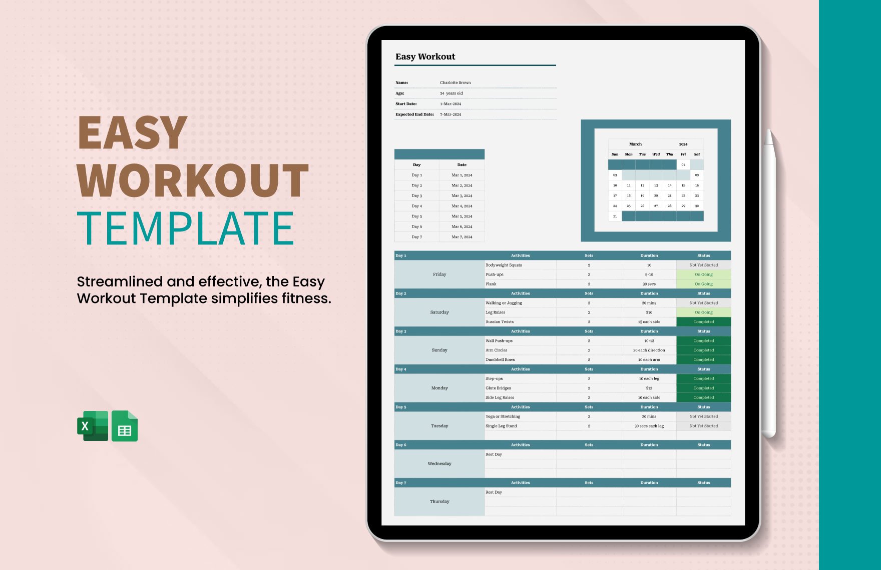Easy Workout Template in Excel, Google Sheets