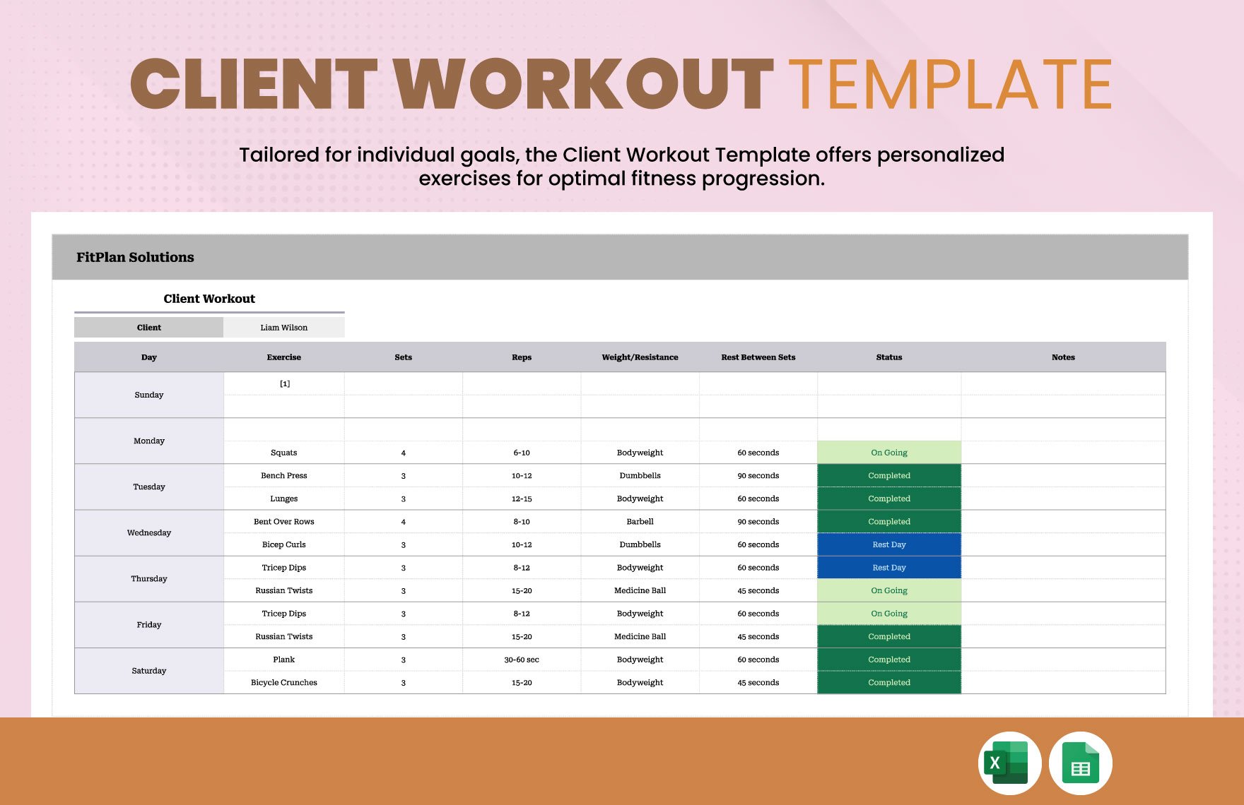 Client Workout Template in Excel, Google Sheets