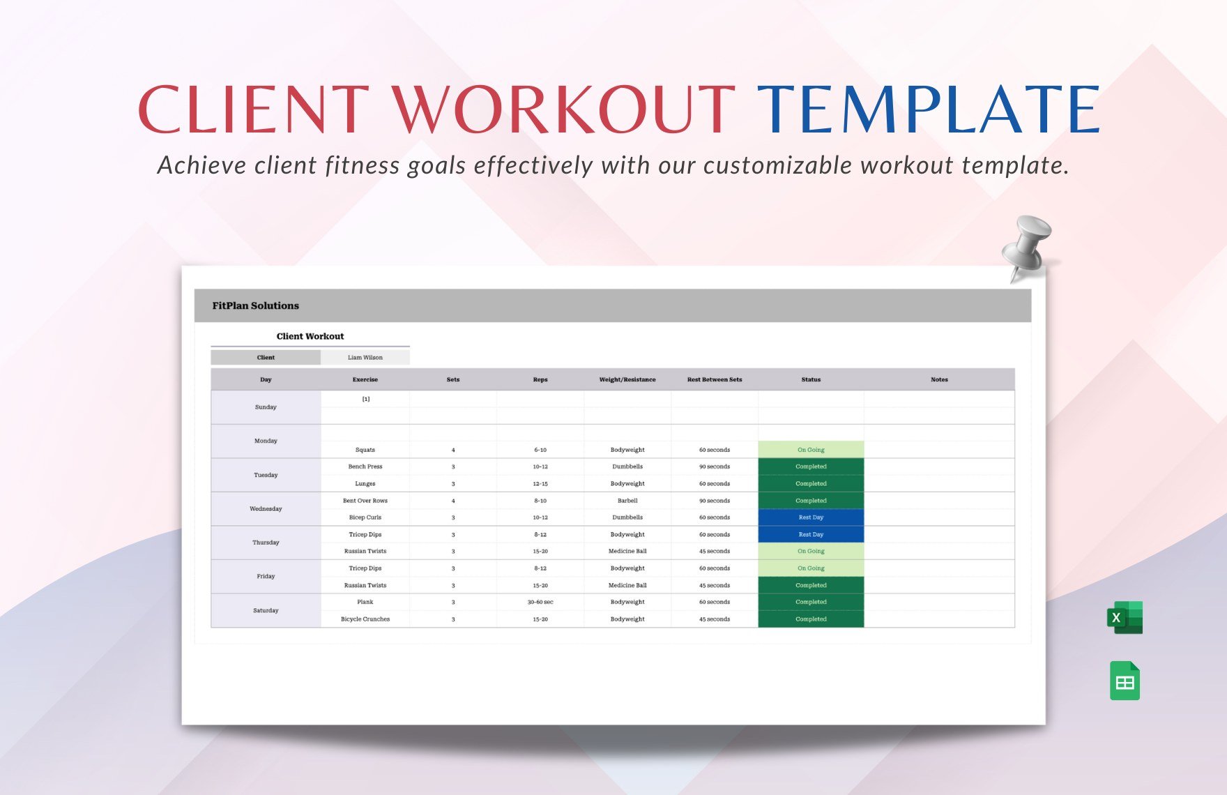 Client Workout Template in Excel, Google Sheets
