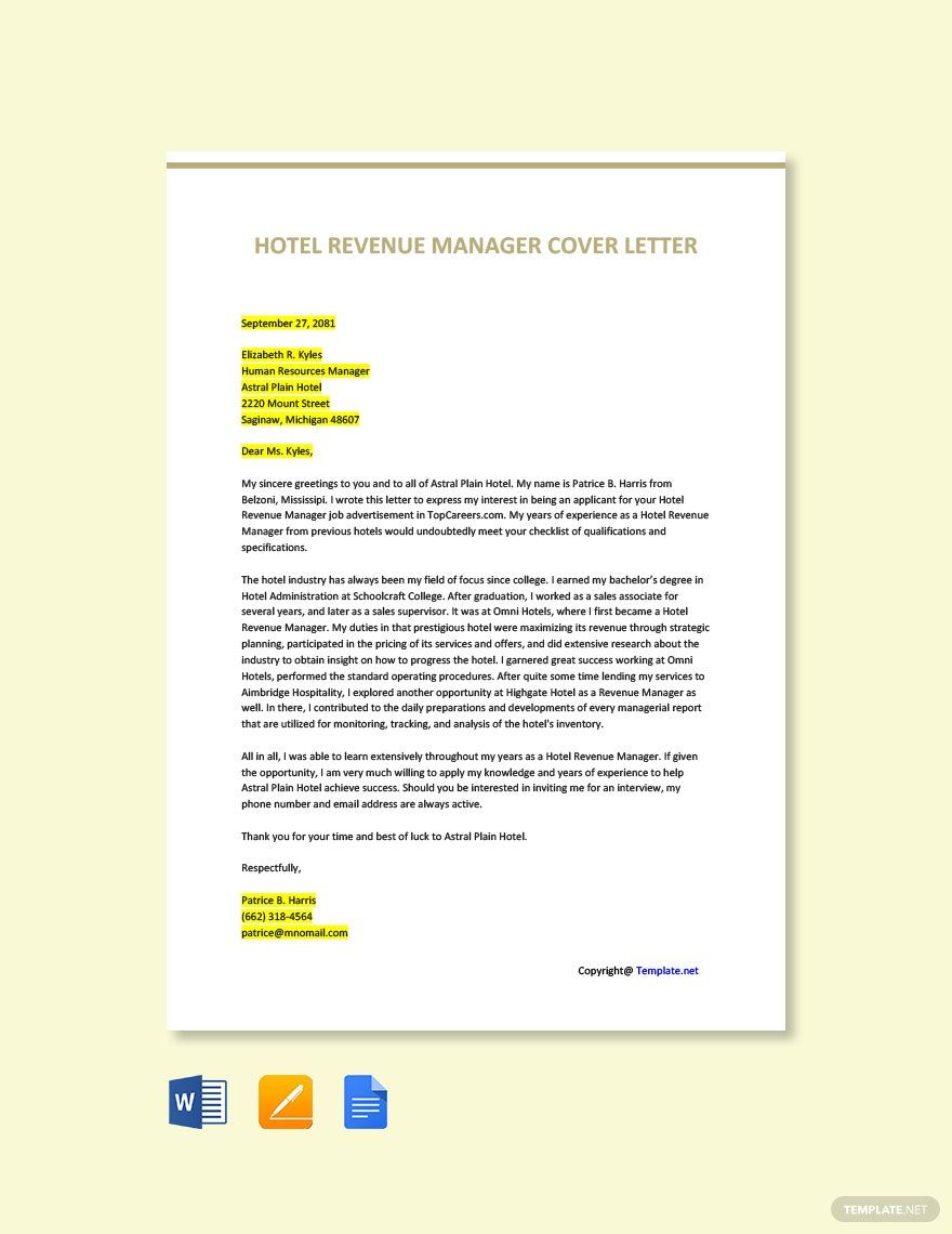 Hotel Revenue Manager Cover Letter Template