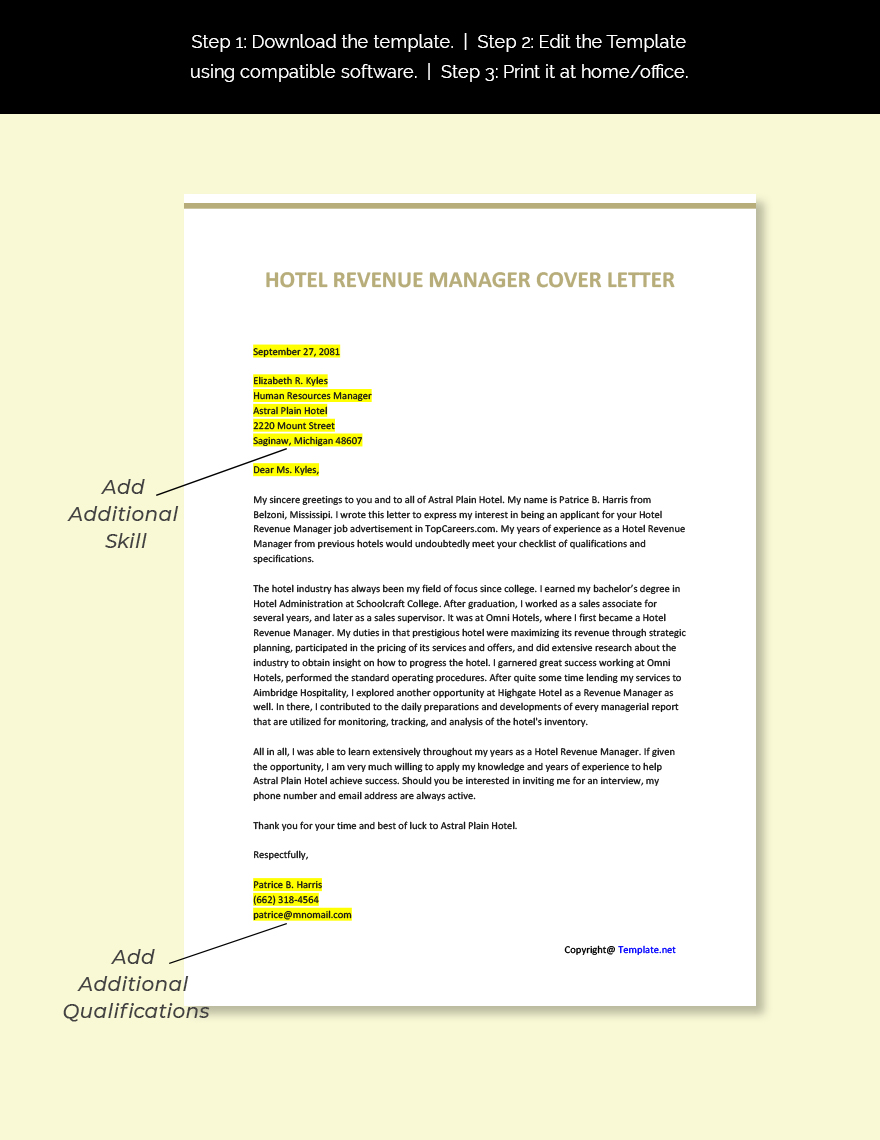 Hotel Revenue Manager Cover Letter Template