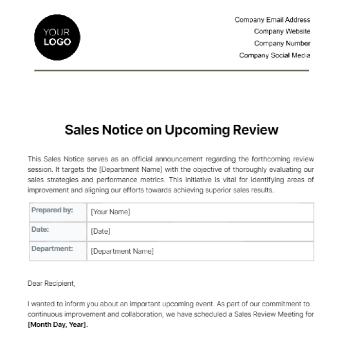 Sales Notice on Upcoming Review Template
