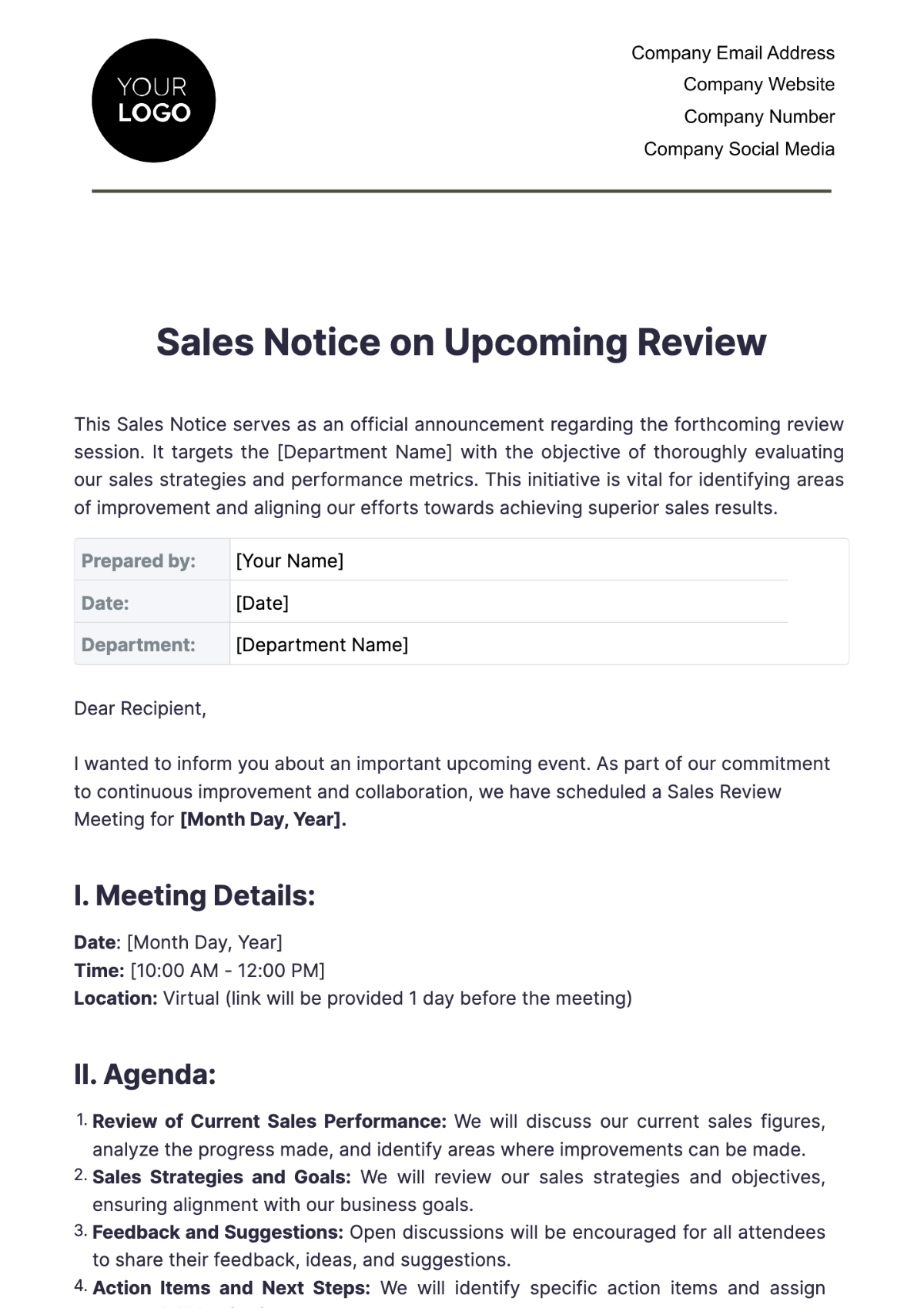 Sales Notice on Upcoming Review Template - Edit Online & Download