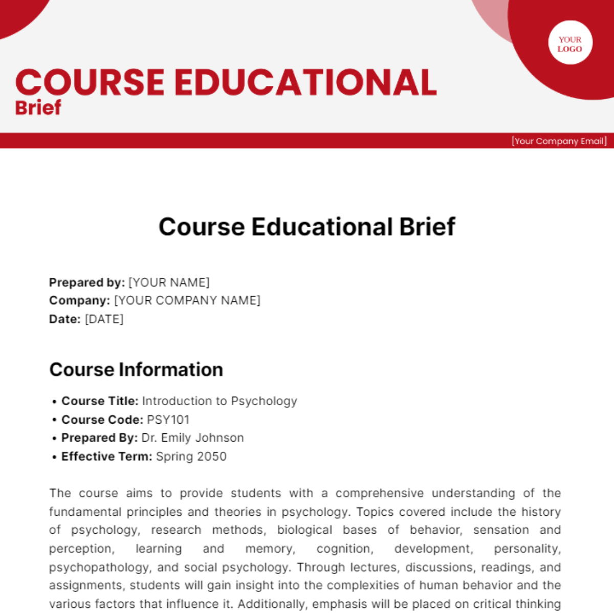 Course Educational Brief Template - Edit Online & Download