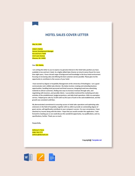 cover letter to hotel