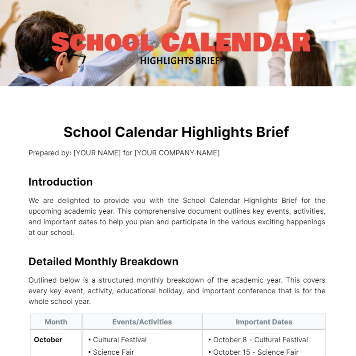 School Calendar Highlights Brief Template - Edit Online & Download