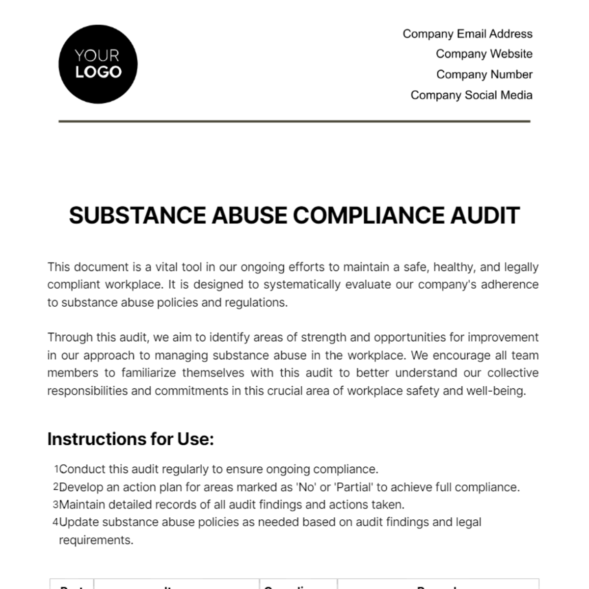 Substance Abuse Compliance Audit Template
