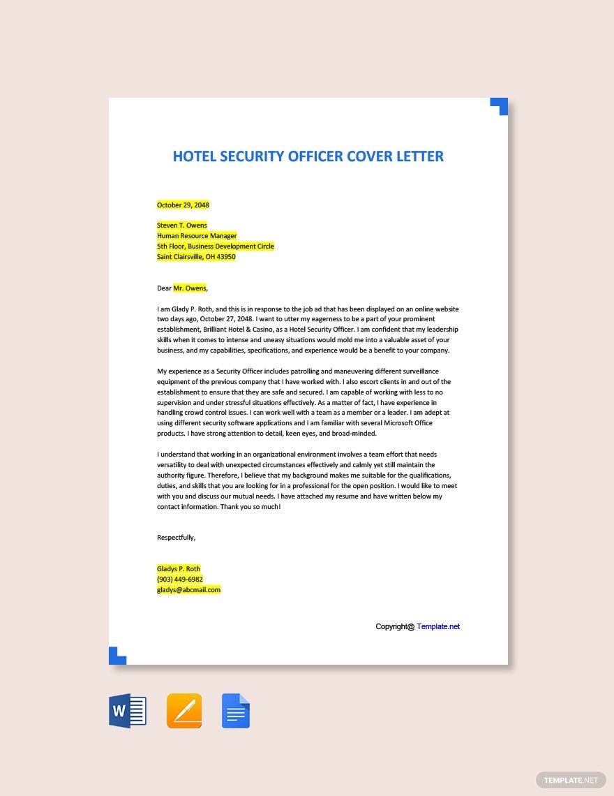 Hotel Security Officer Cover Letter in Word, Google Docs, Apple Pages