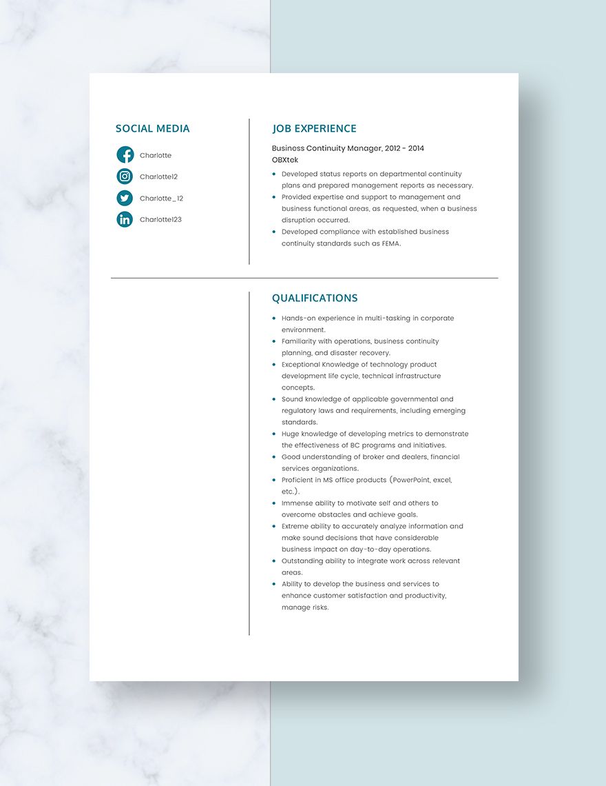 Business Continuity Manager Resume