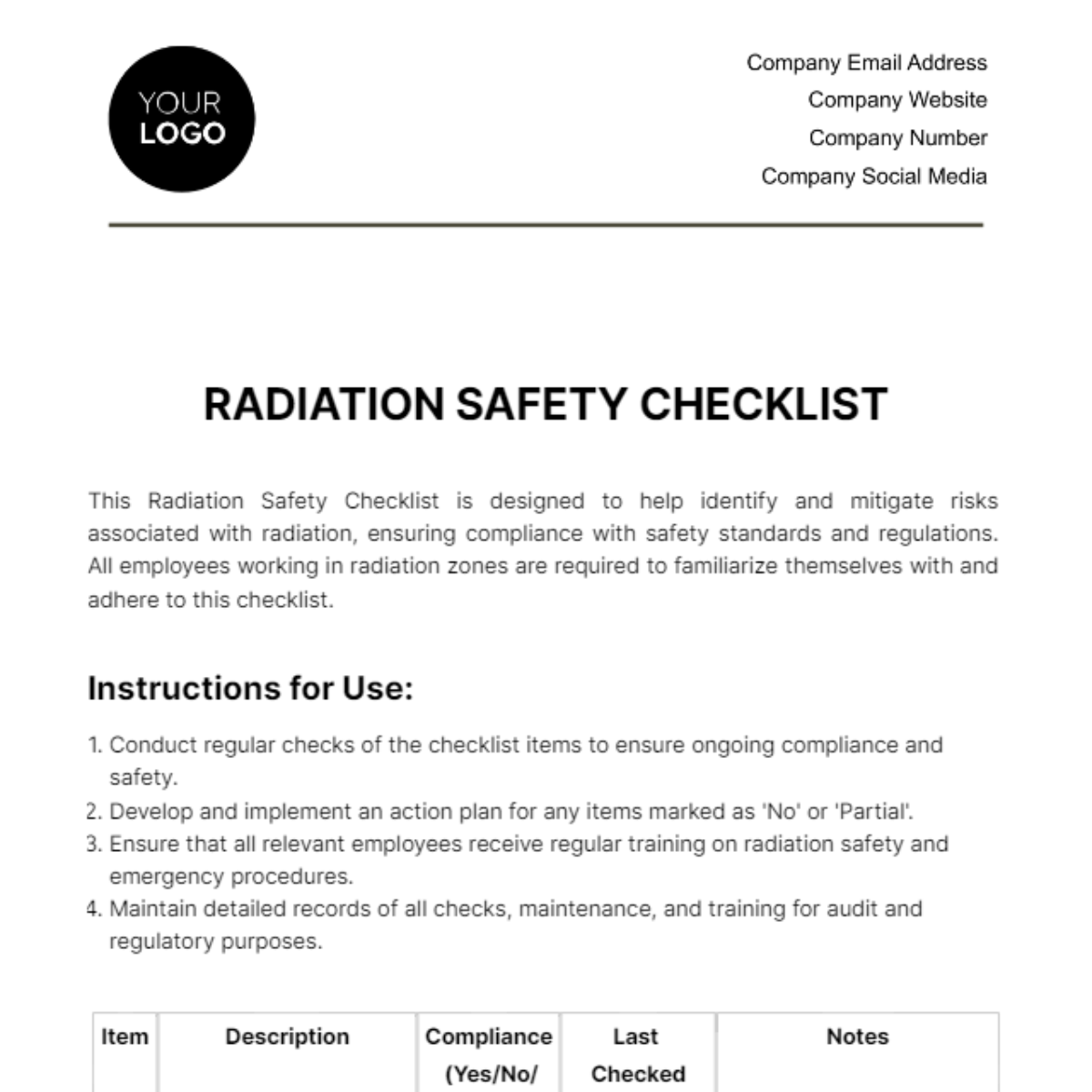 Free Radiation Safety Checklist Template