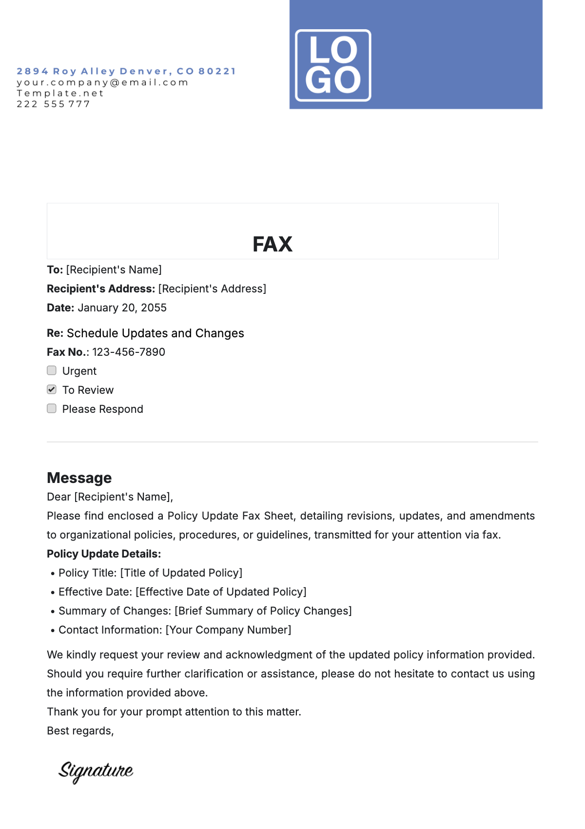 Policy Update Fax Sheet Template - Edit Online & Download