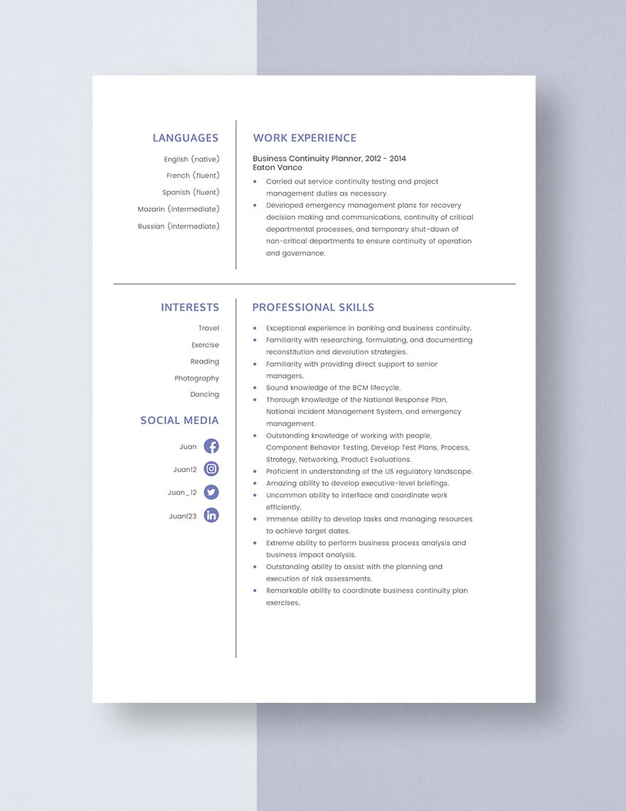 Business Continuity Planner Resume