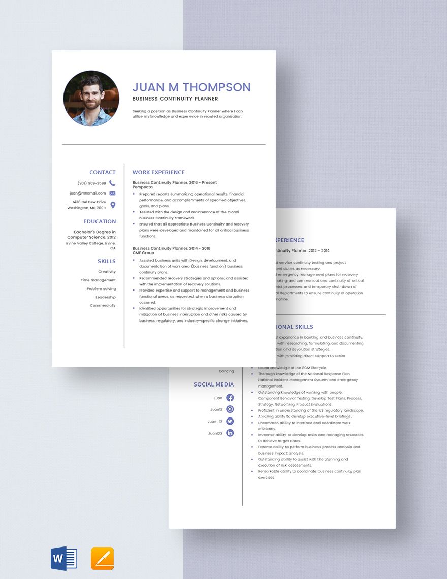 Business Continuity Planner Resume