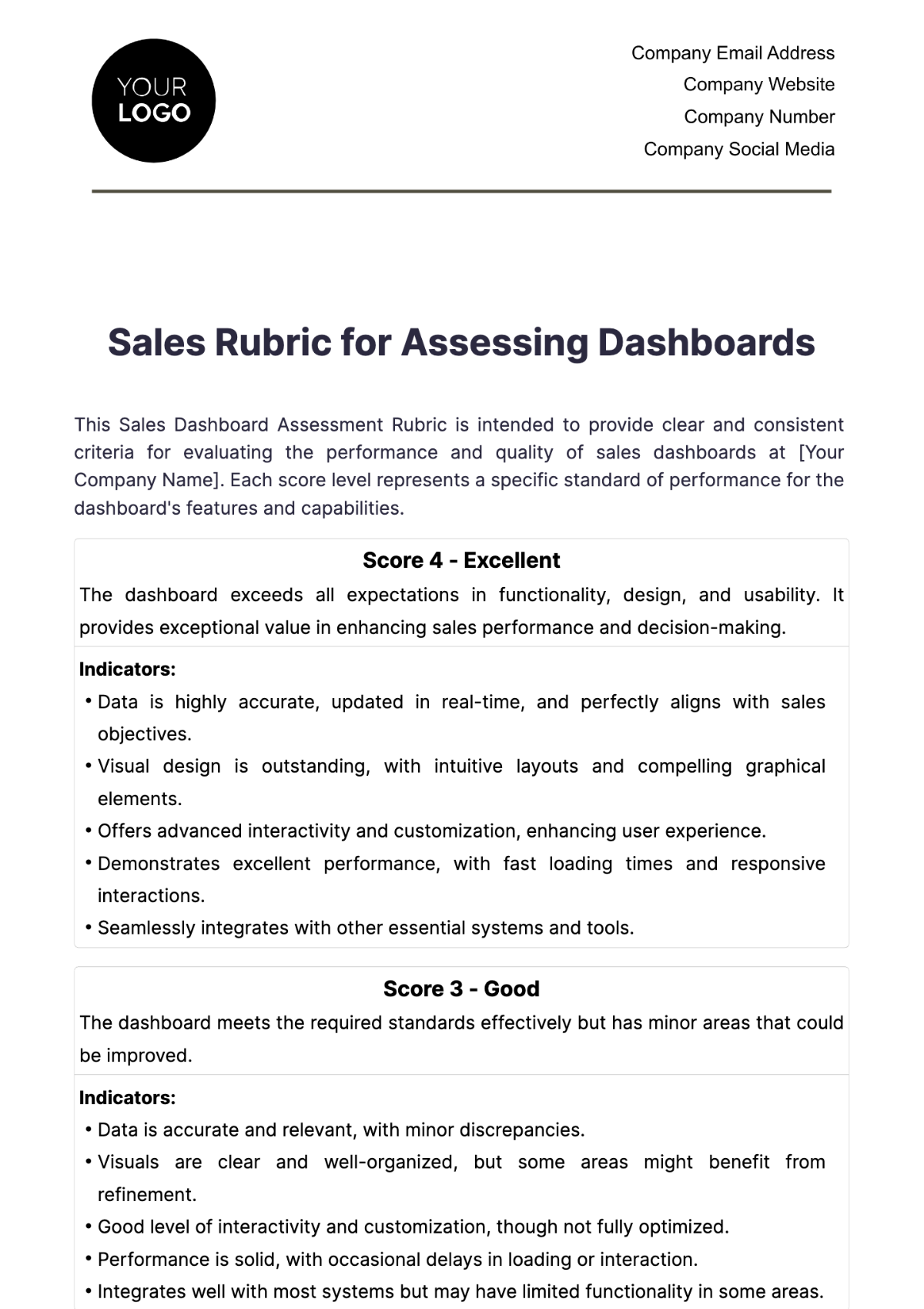 Sales Rubric for Assessing Dashboards Template - Edit Online & Download