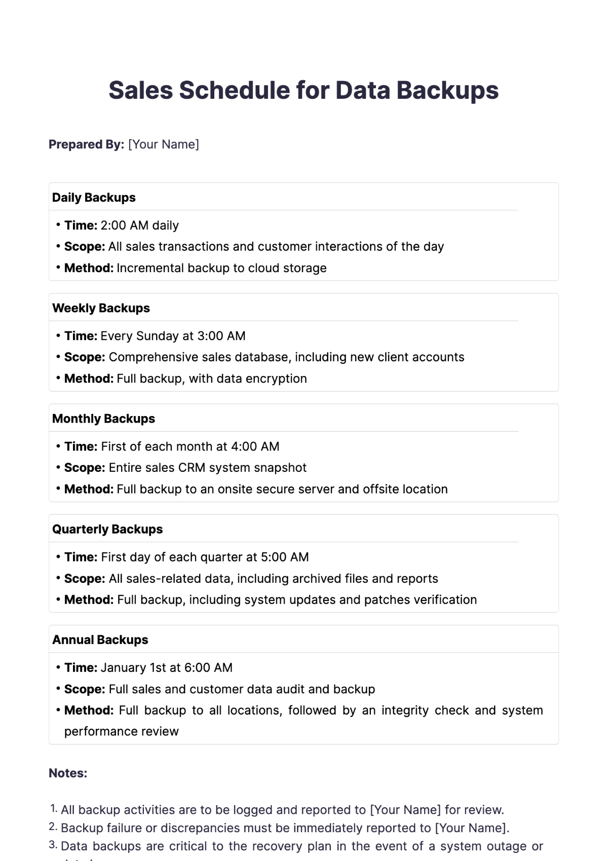 Sales Schedule for Data Backups Template - Edit Online & Download