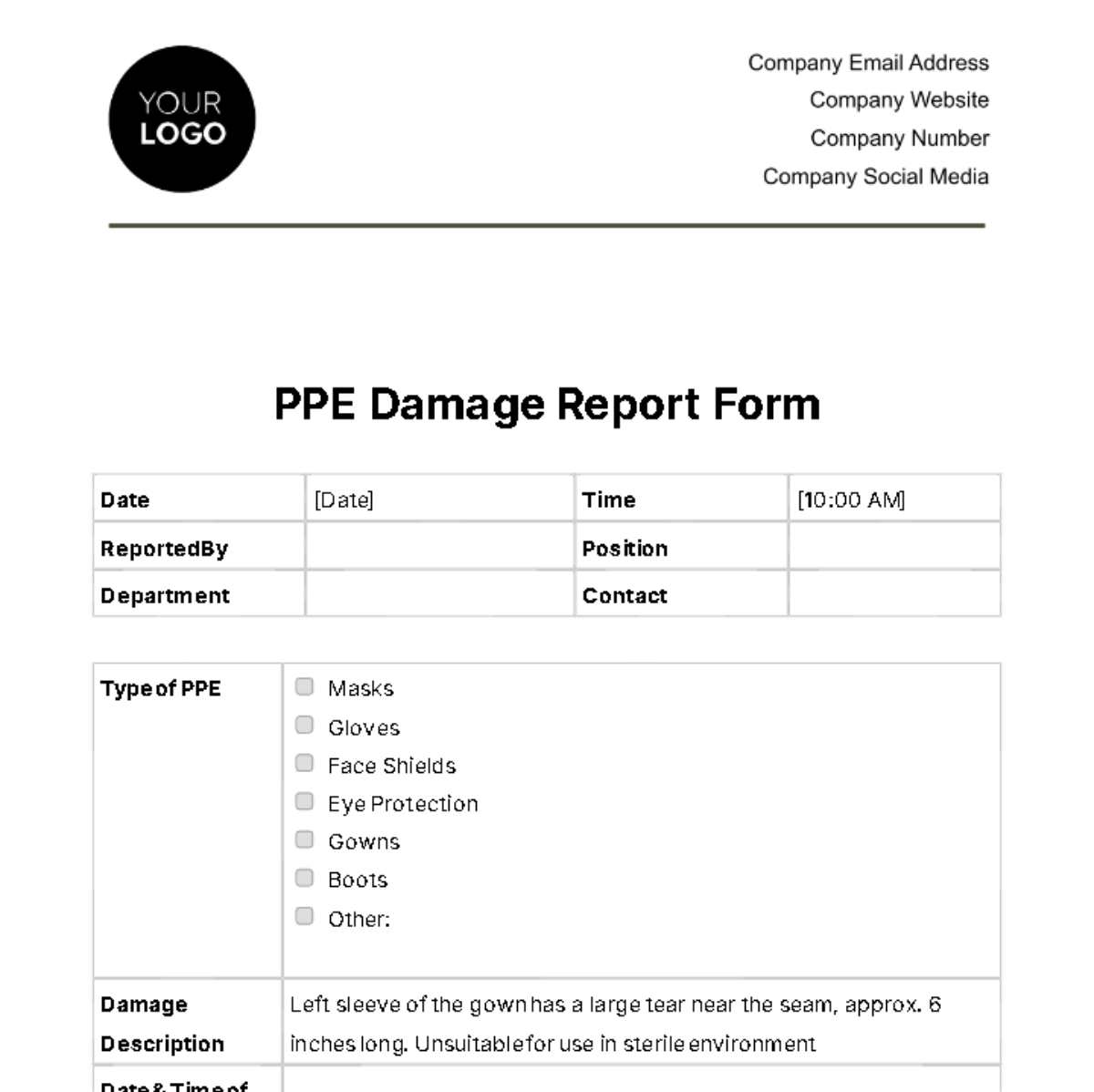 PPE Damage Report Form Template