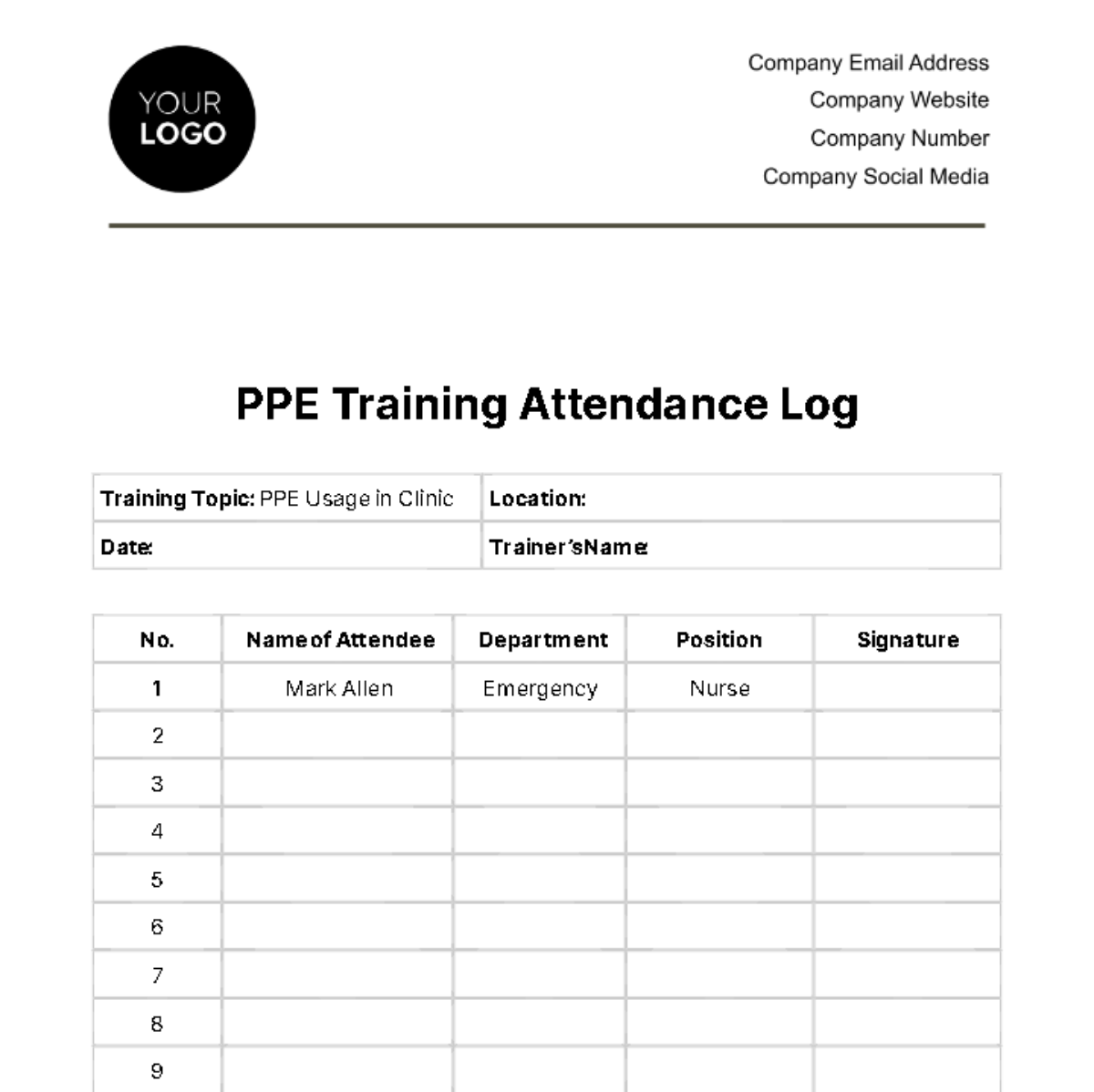 PPE Training Attendance Log Template