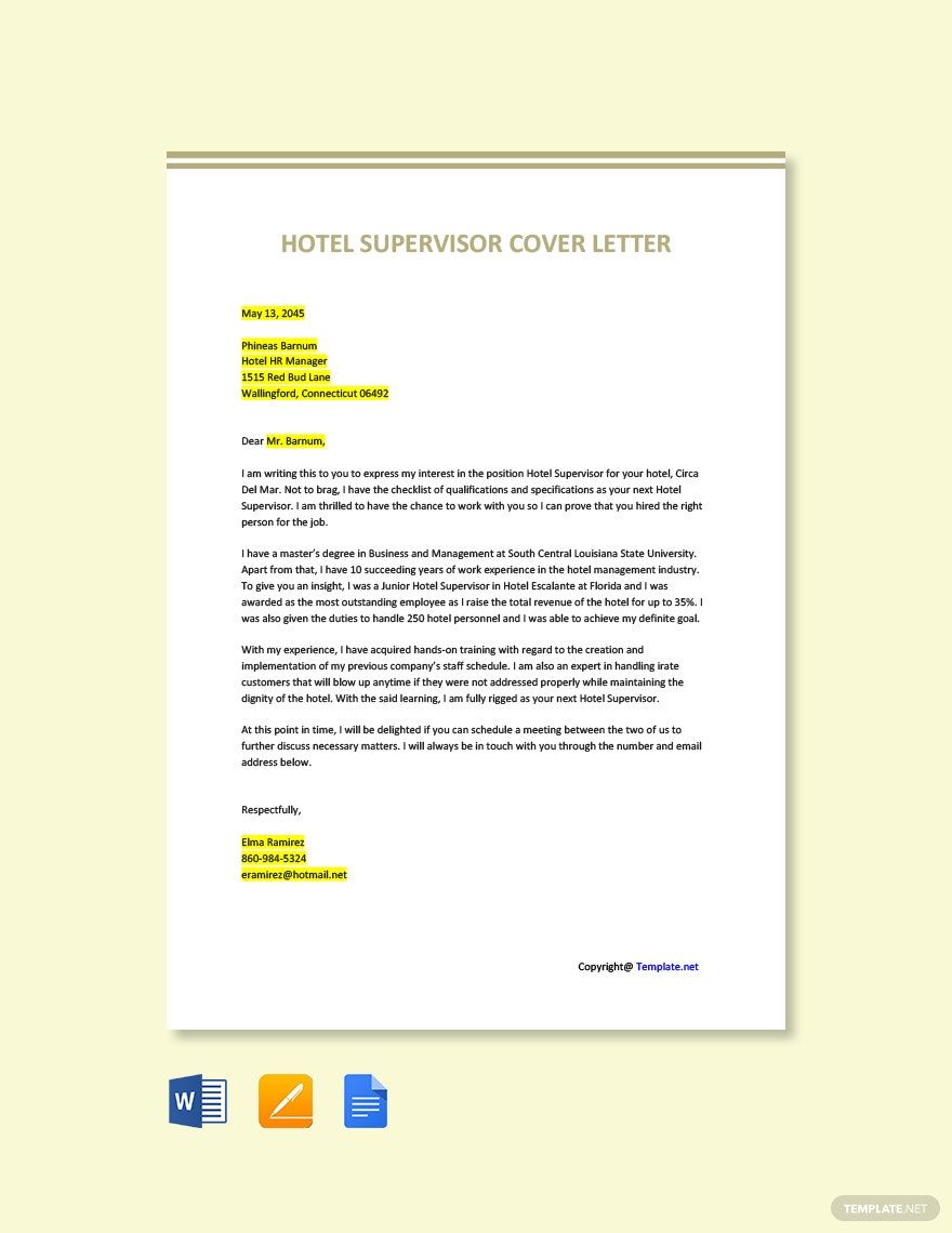 Hotel Supervisor Cover Letter