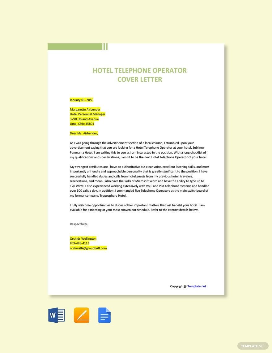 Hotel Telephone Operator Cover Letter Template