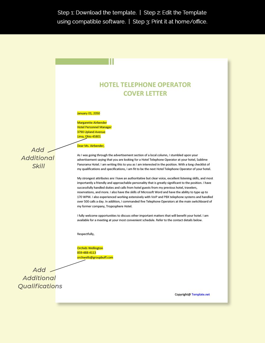 Hotel Telephone Operator Cover Letter Template