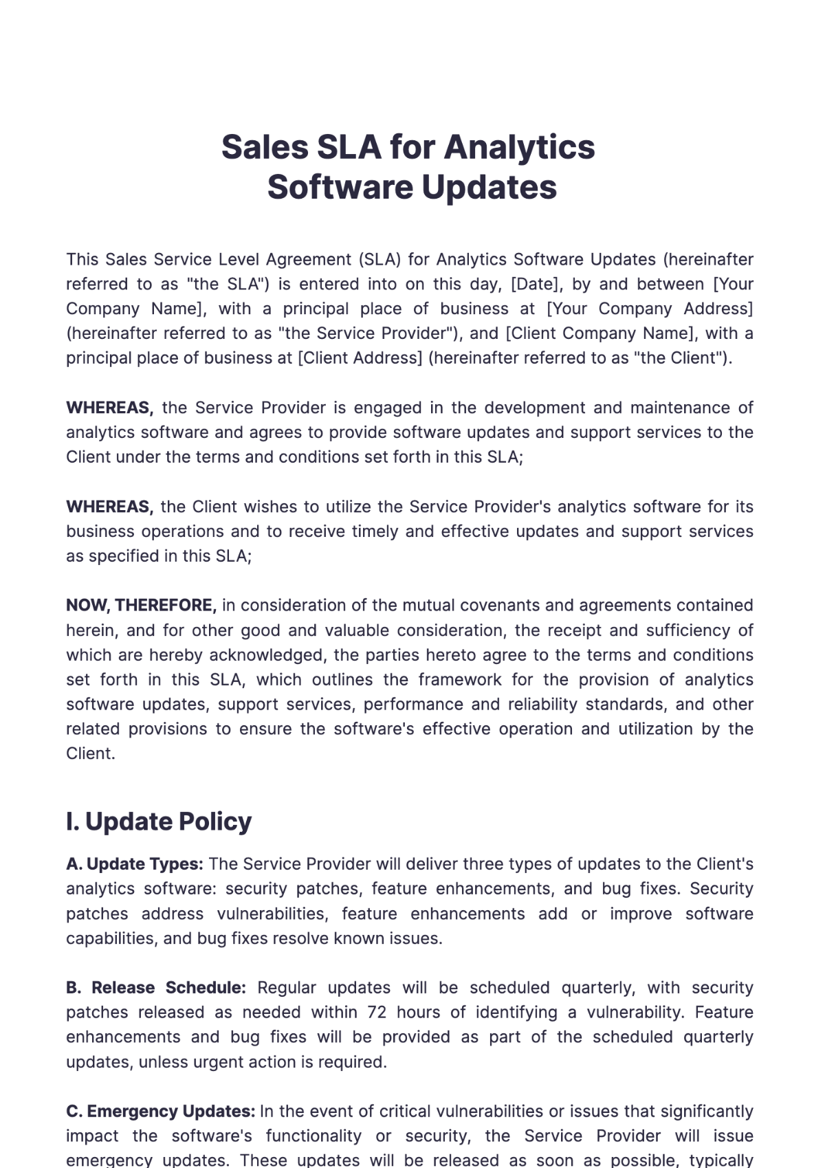 Sales SLA for Analytics Software Updates Template - Edit Online & Download