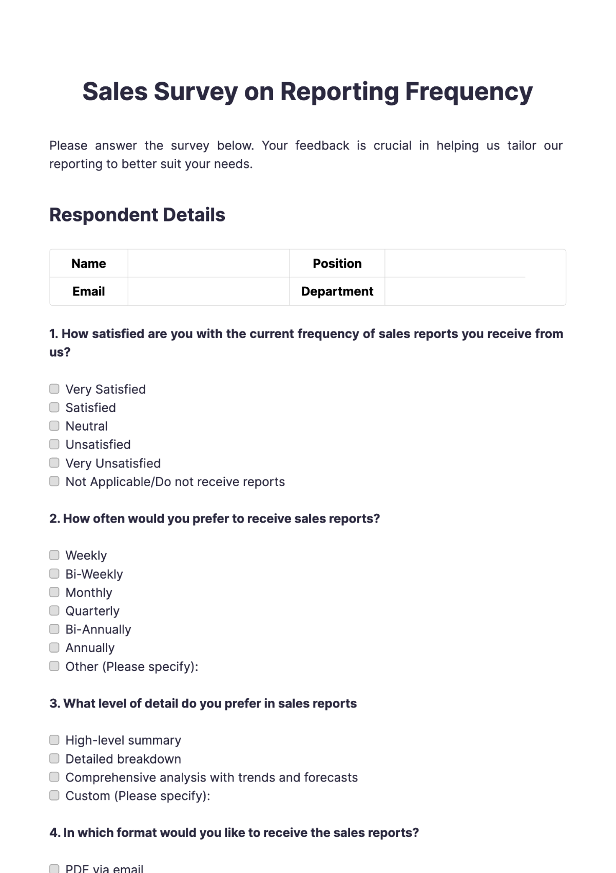 Sales Survey on Reporting Frequency Template - Edit Online & Download