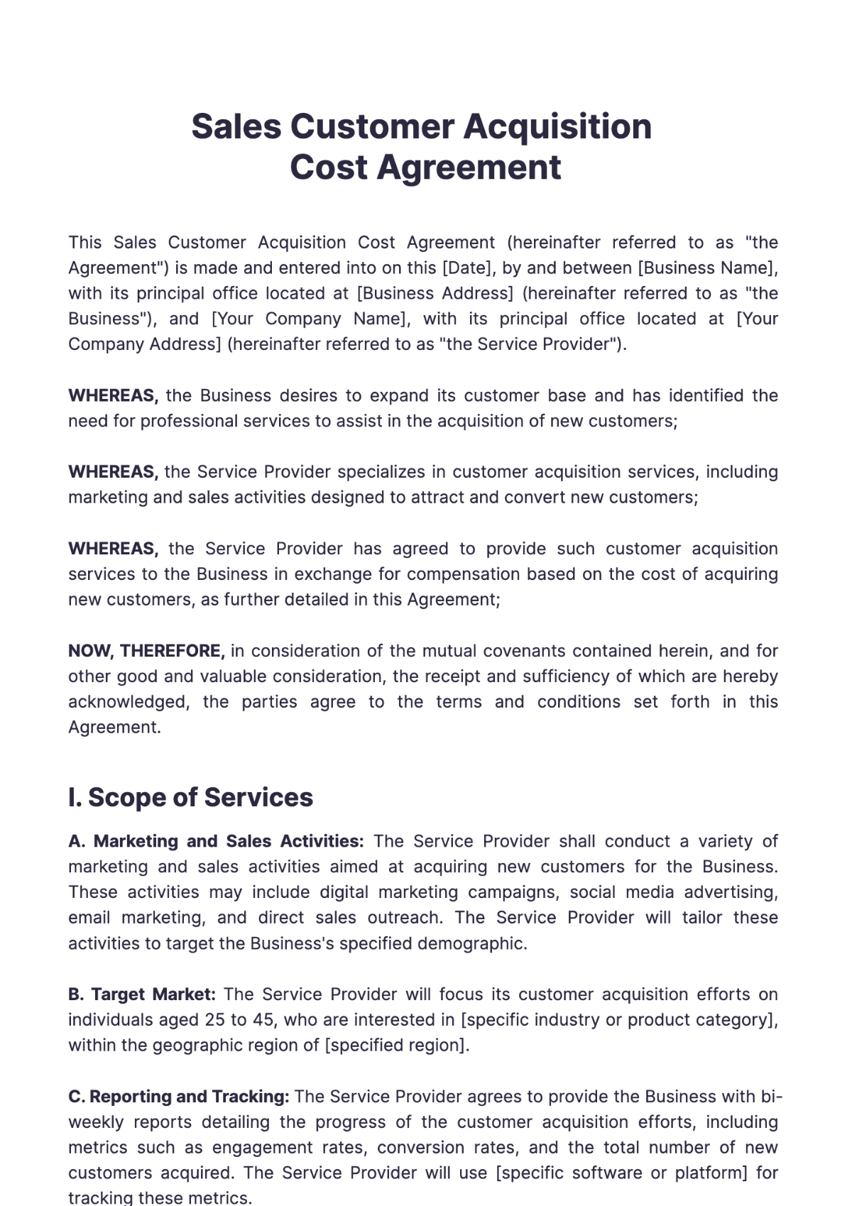 Sales Customer Acquisition Cost Agreement Template - Edit Online & Download