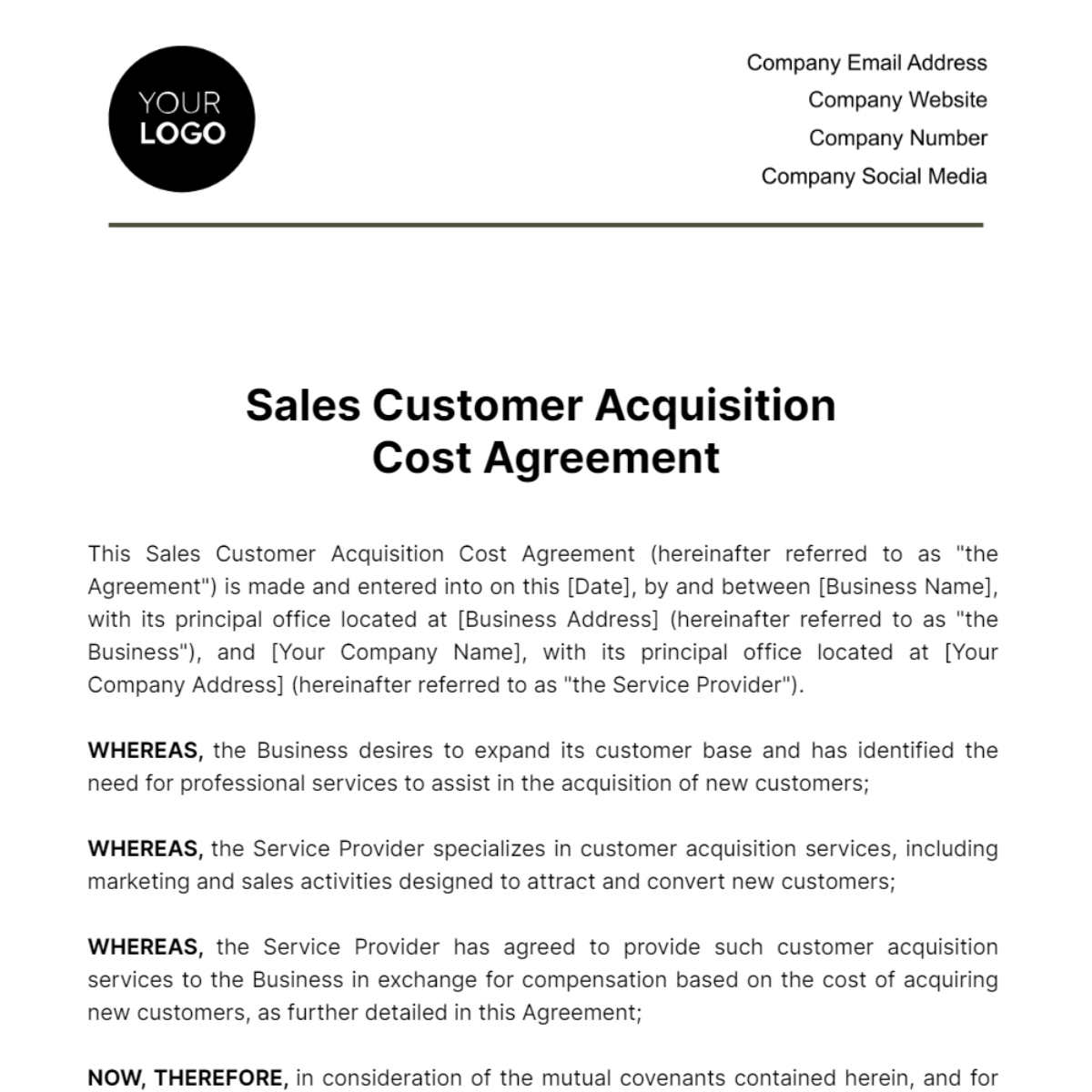 Free Sales Customer Acquisition Cost Agreement Template