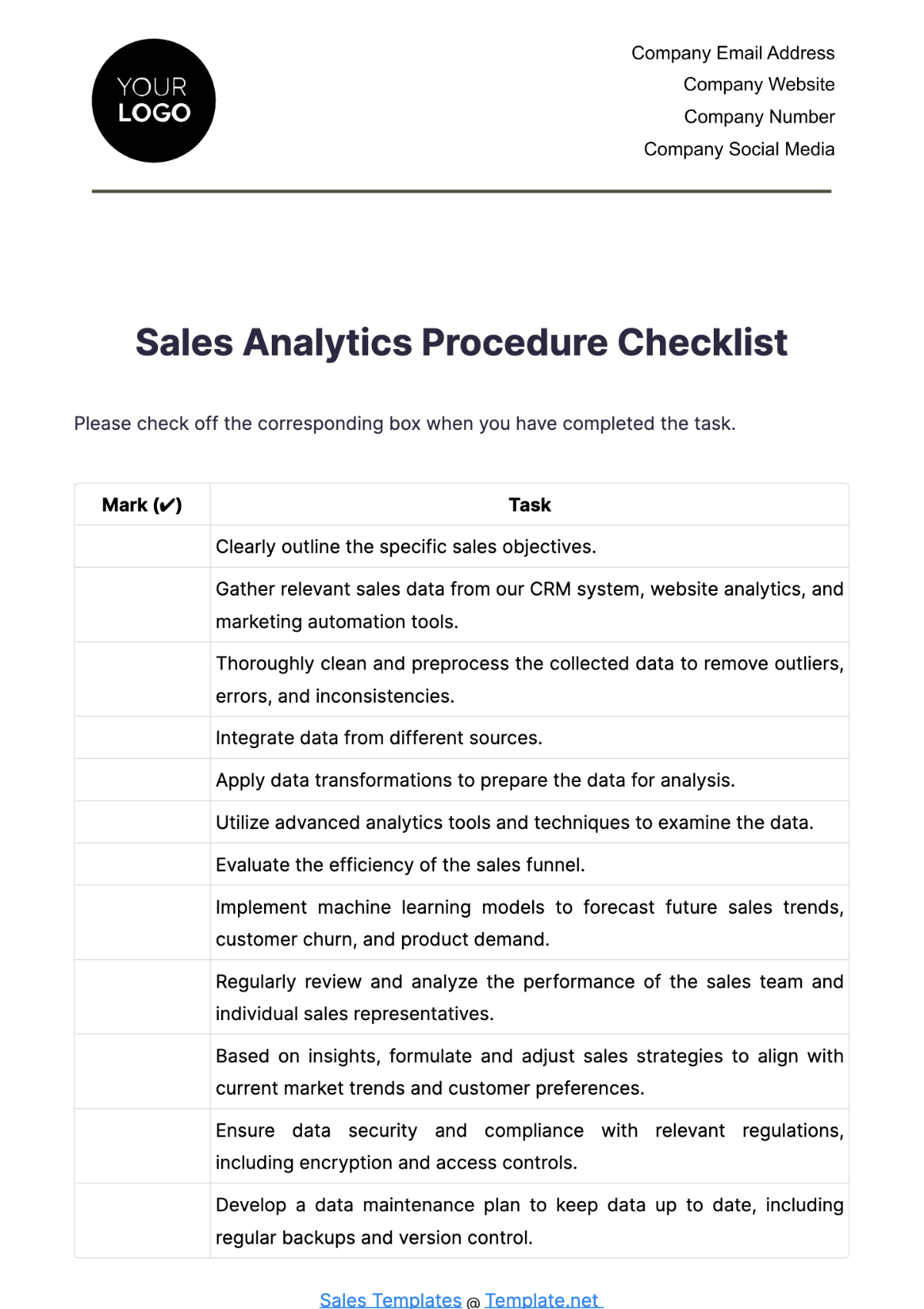 Sales Analytics Procedure Checklist Template - Edit Online & Download