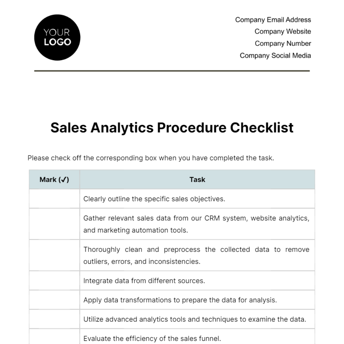 Sales Analytics Procedure Checklist Template