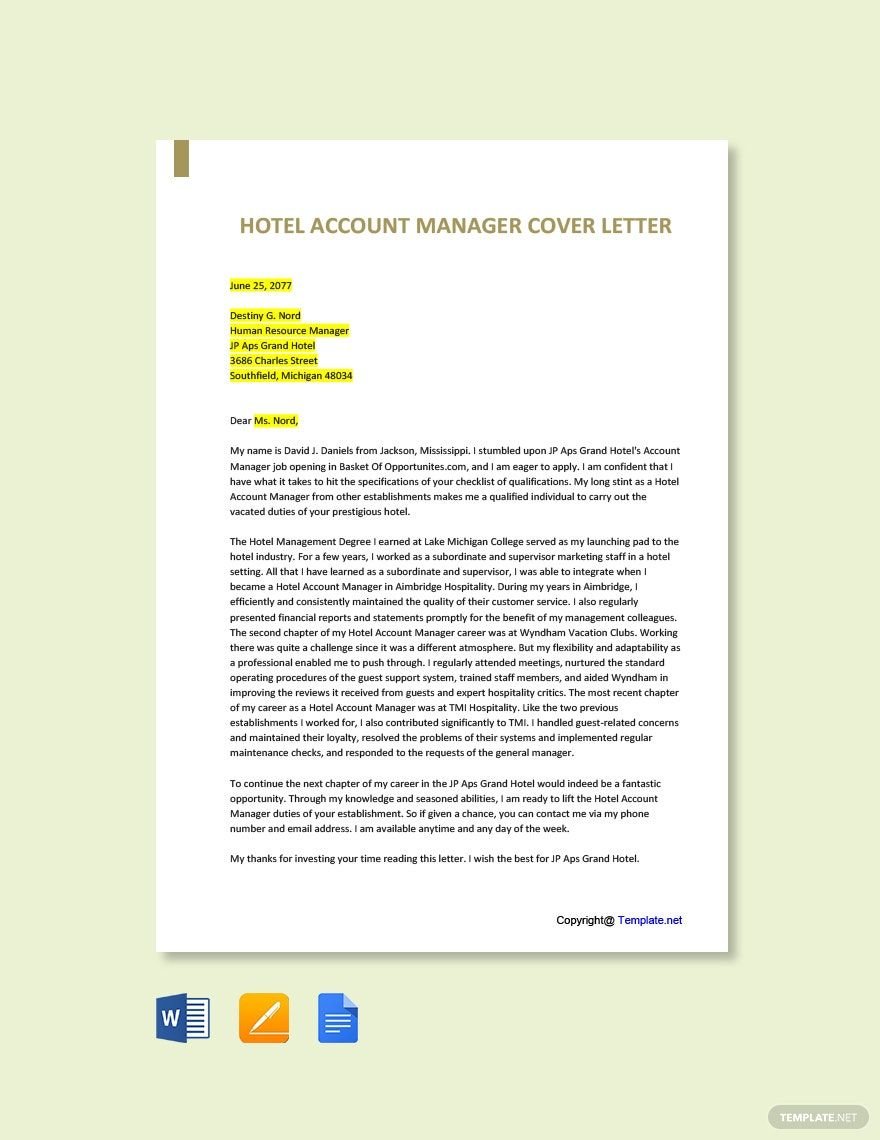 Hotel Account Manager Cover Letter Template