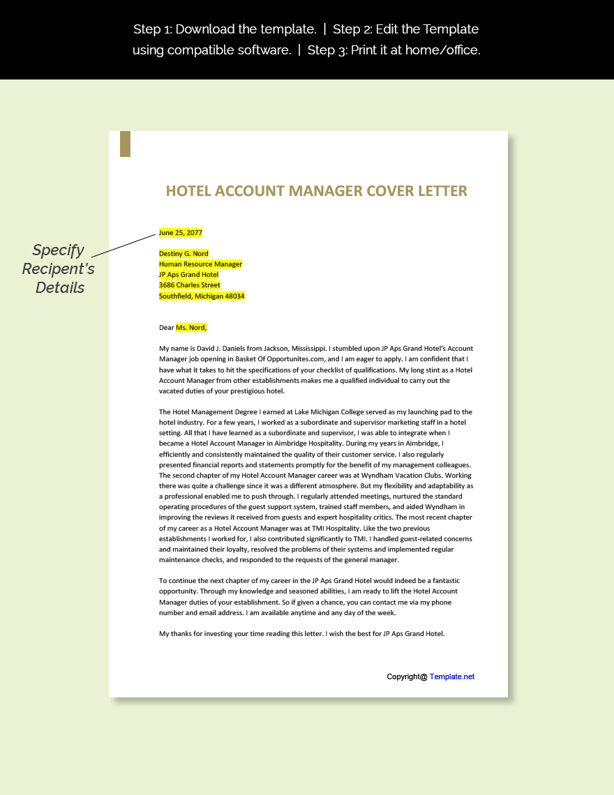 Hotel Account Manager Cover Letter Template
