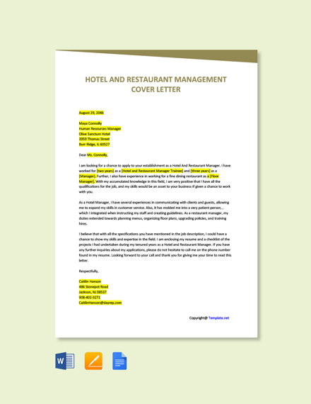 application letter sample for hotel and restaurant management