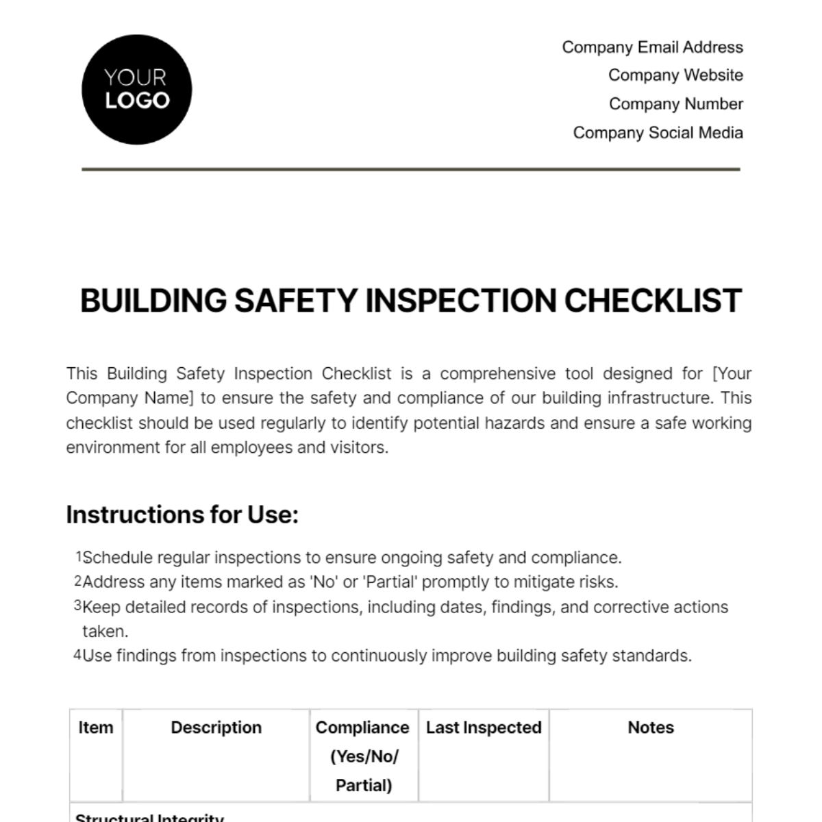 Building Safety Inspection Checklist Template