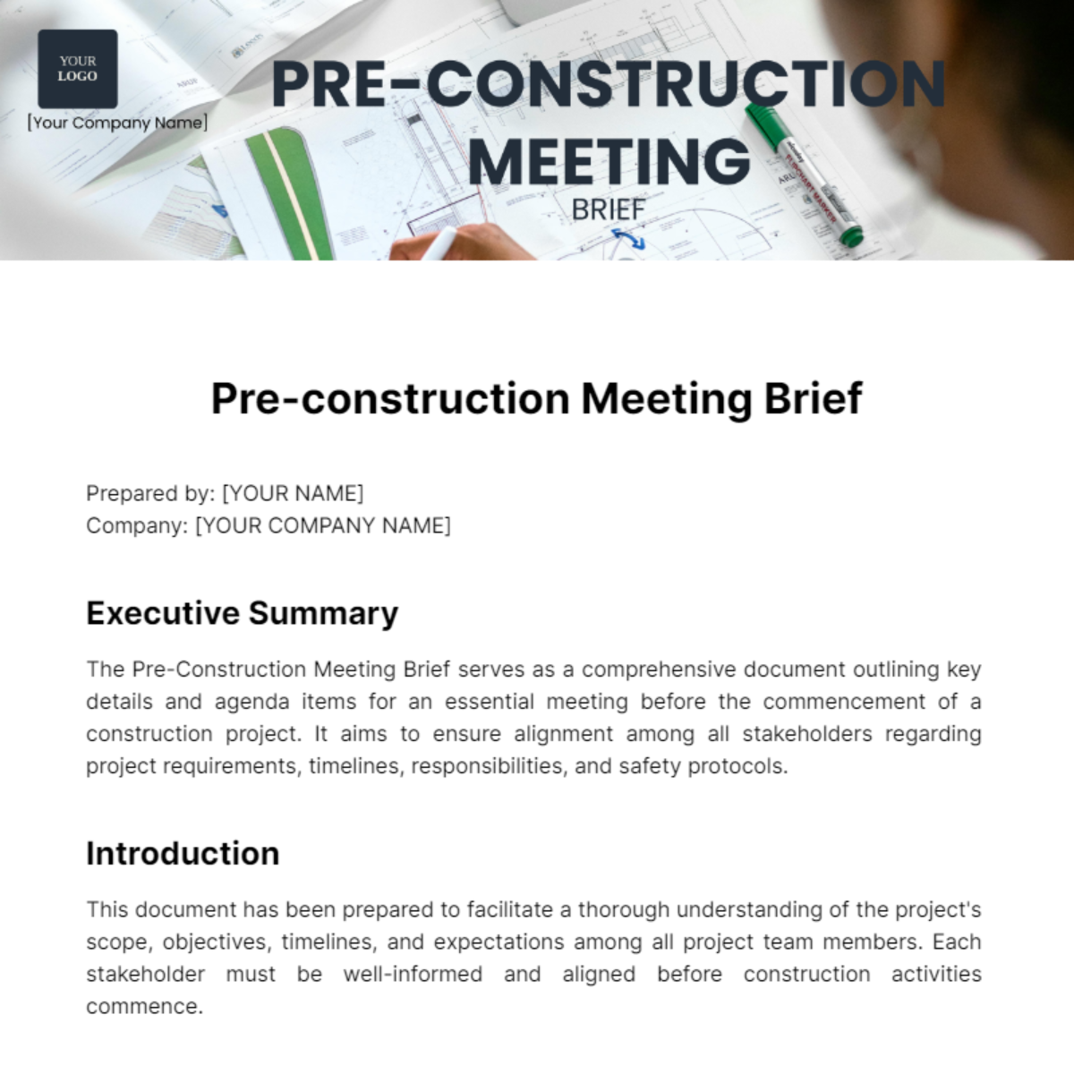 Pre-construction Meeting Brief Template - Edit Online & Download