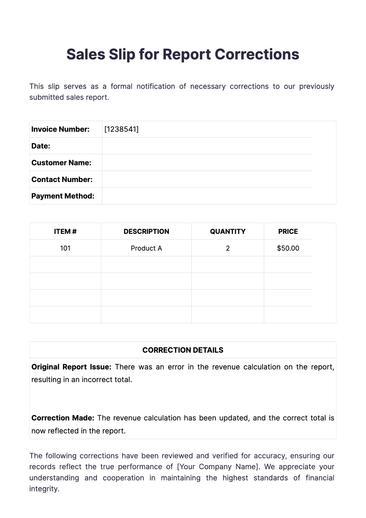 Sales Slip for Report Corrections Template - Edit Online & Download